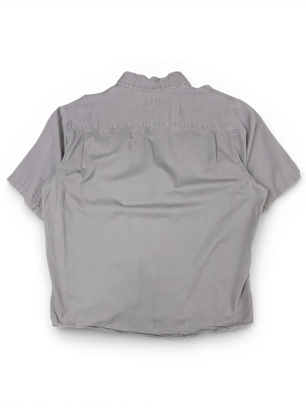 JAKE & IPI vintage Wrangler grey short sleeve utility shirt, back view showing clean cotton fabric.