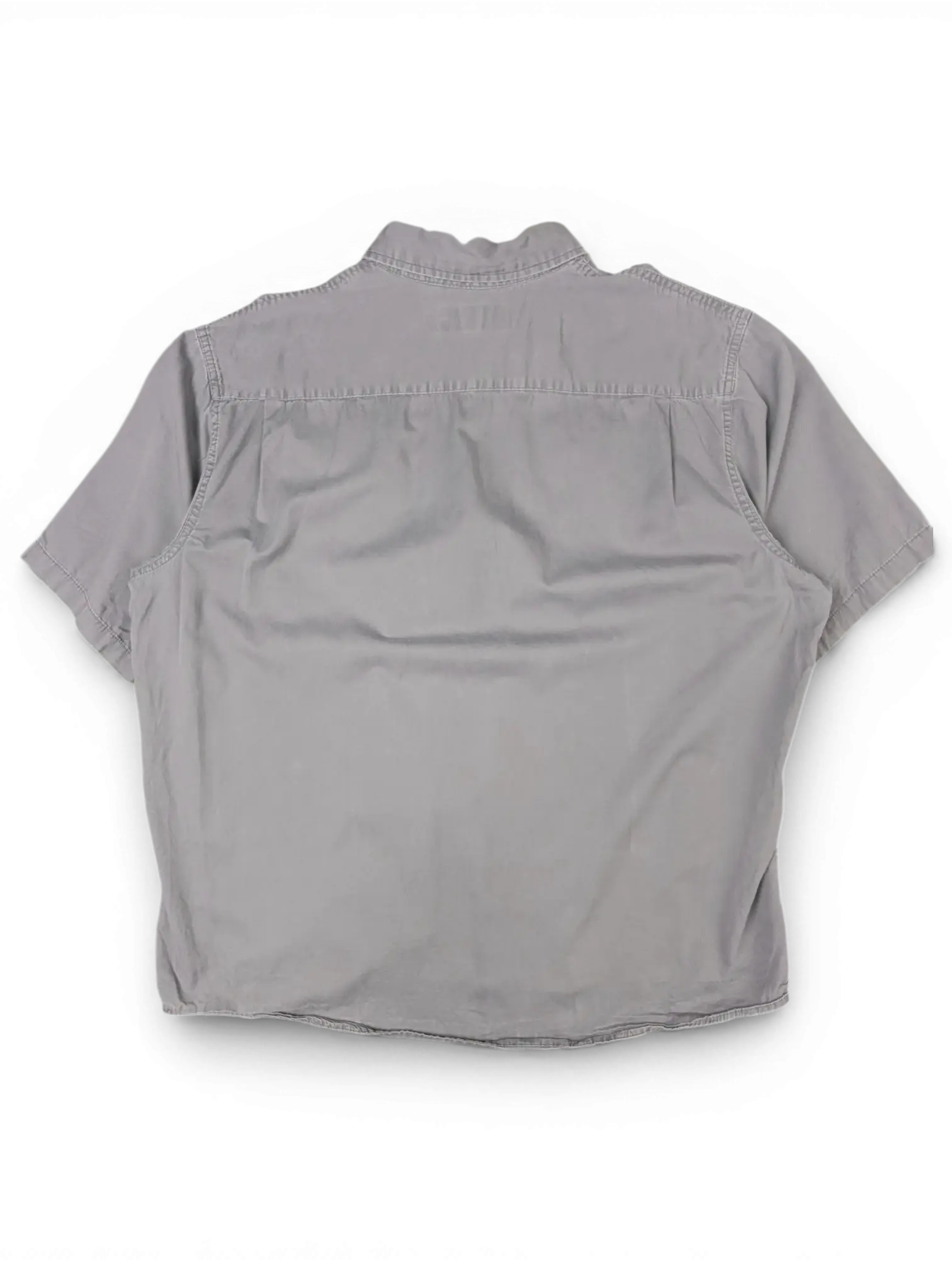 JAKE & IPI vintage Wrangler grey short sleeve utility shirt, back view showing clean cotton fabric.