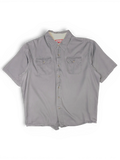 JAKE & IPI vintage Wrangler grey short sleeve button-front utility shirt with two chest pockets.