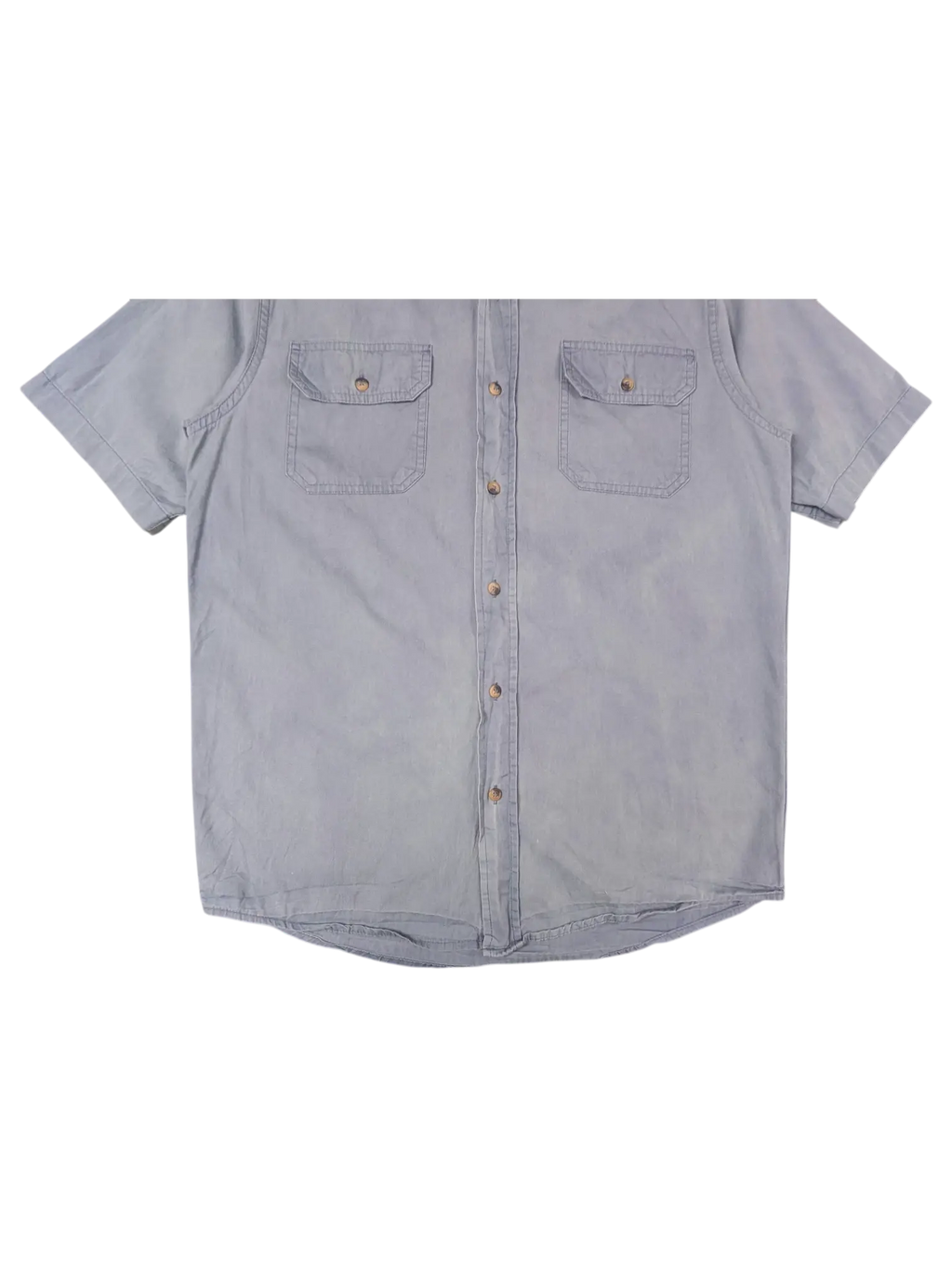 JAKE & IPI vintage Wrangler grey short sleeve utility shirt with button-front closure and two chest flap pockets.