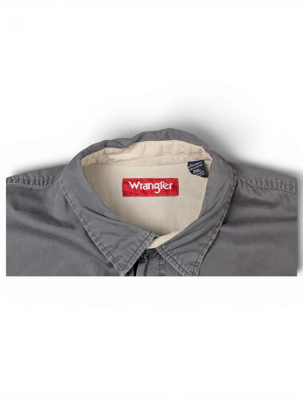 JAKE & IPI vintage Wrangler grey short sleeve utility shirt with beige collar lining and red brand label