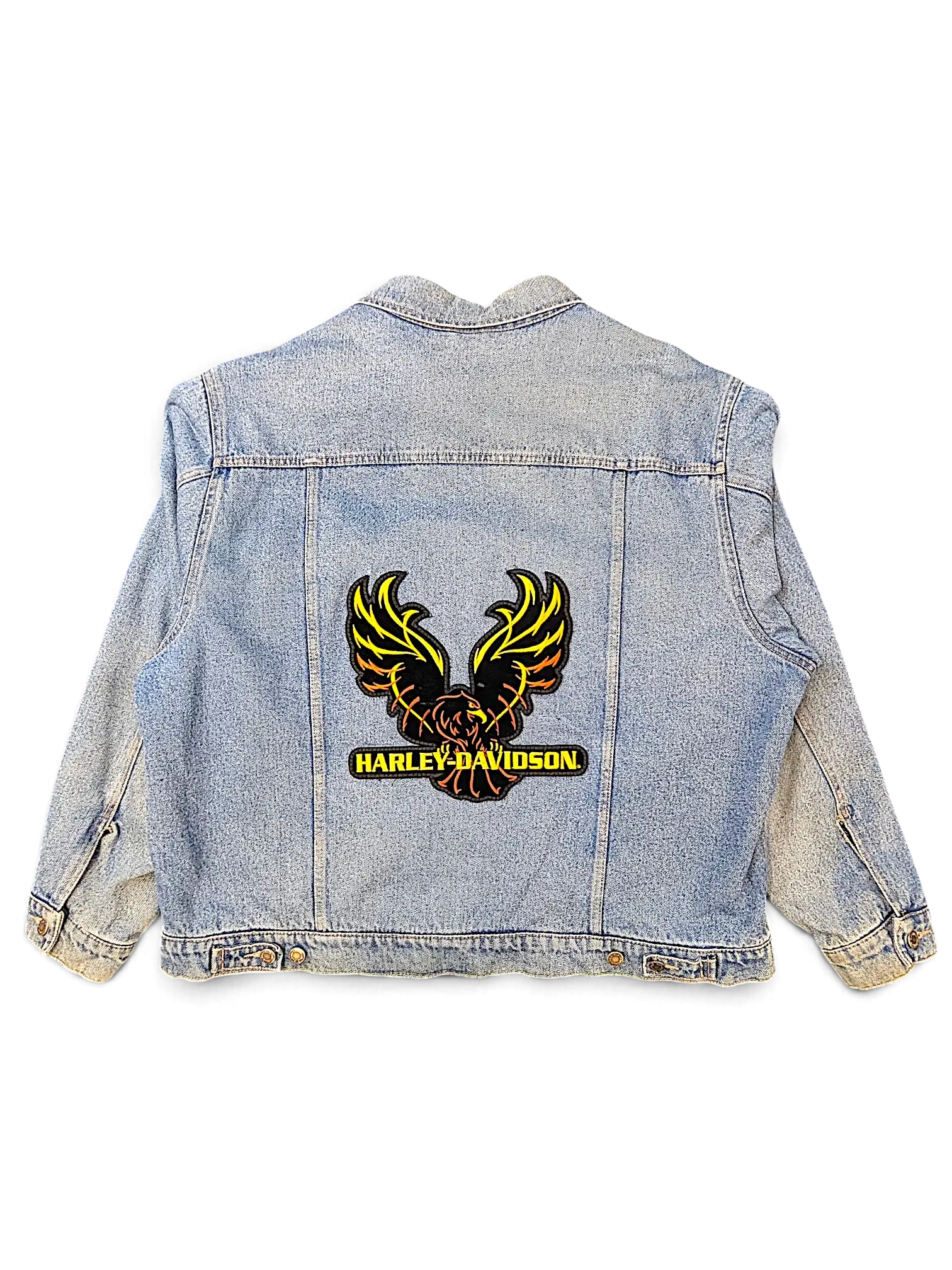 JAKE & IPI vintage light wash Wrangler denim jacket featuring a large embroidered Harley Davidson eagle back patch