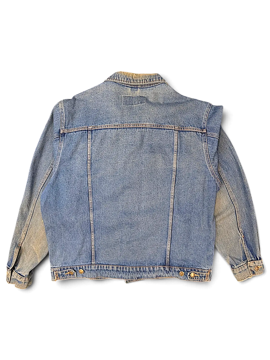 Back view of a JAKE & IPI Wrangler Hero blue denim jacket featuring classic stitching and metal button details.