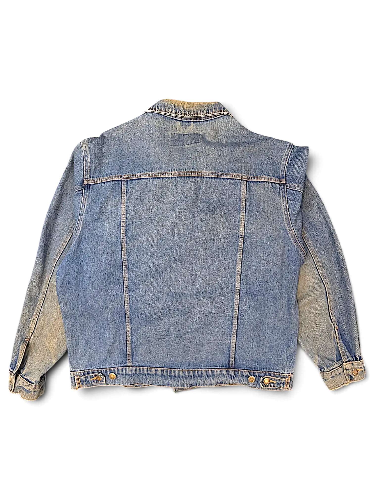 Back view of a JAKE & IPI Wrangler Hero blue denim jacket featuring classic stitching and metal button details.