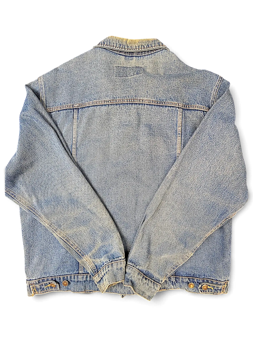 Back view of a JAKE & IPI Wrangler Hero denim jacket in a light blue vintage wash with classic stitching details.