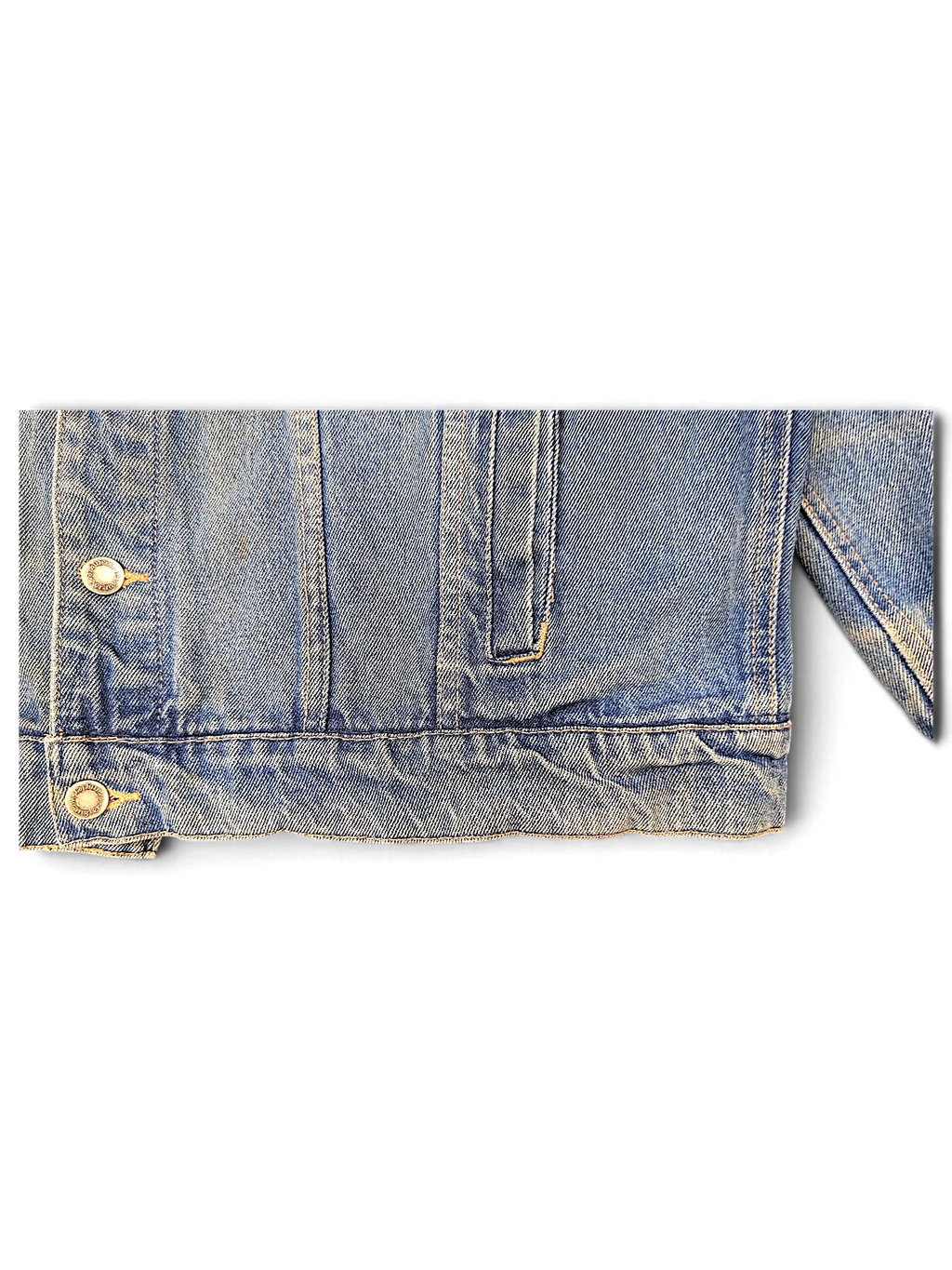 Close-up of a JAKE & IPI Wrangler Hero denim jacket in medium blue wash with metal buttons and stitched seams.