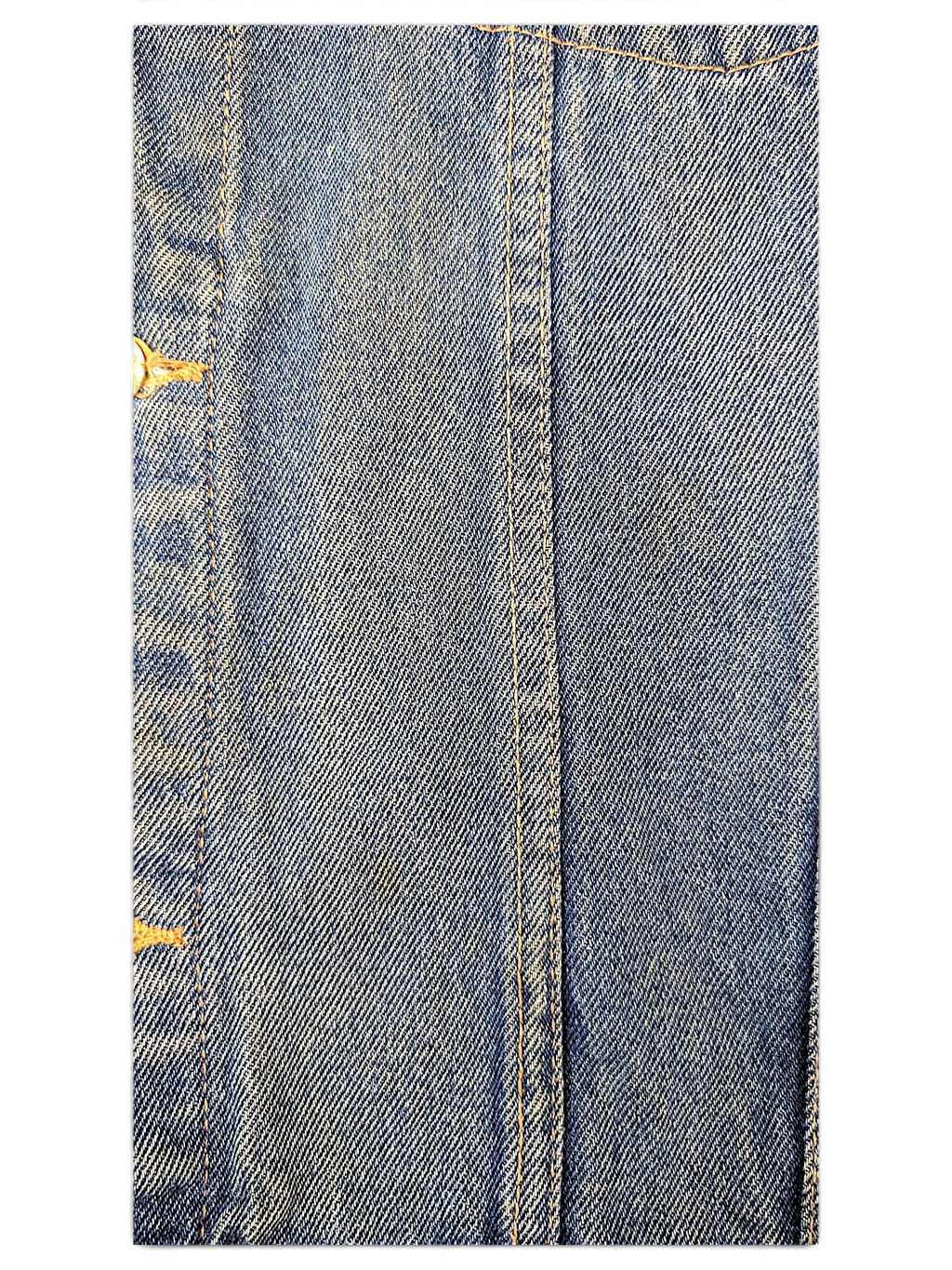 Close-up of JAKE & IPI Wrangler Hero denim jacket showing blue cotton fabric texture and orange contrast stitching