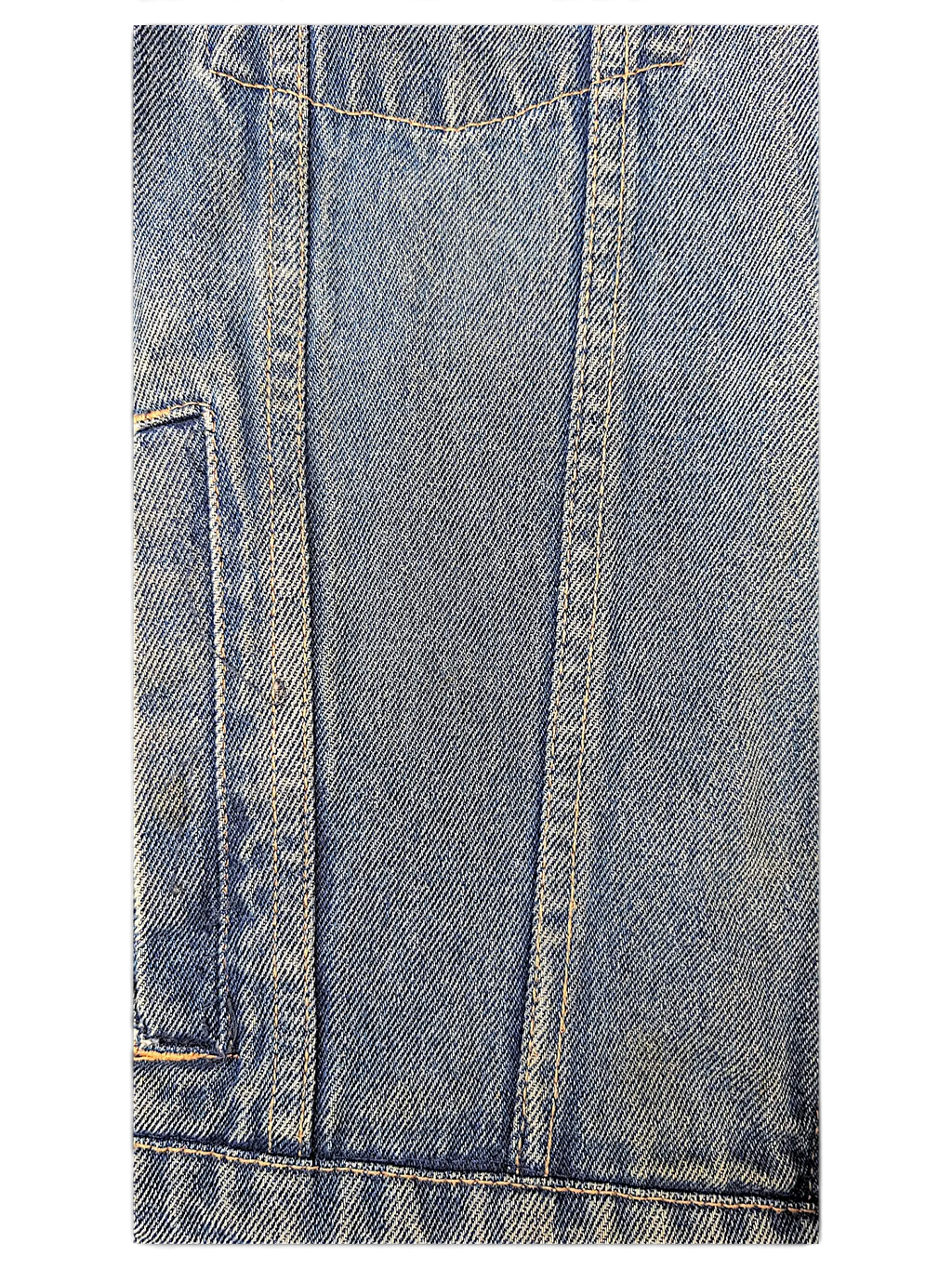 Close-up of JAKE & IPI Wrangler Hero denim jacket featuring blue cotton fabric with contrast orange stitching.