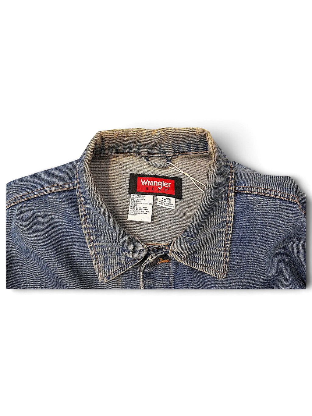 JAKE & IPI Wrangler Hero blue denim jacket featuring a classic collar and interior brand label