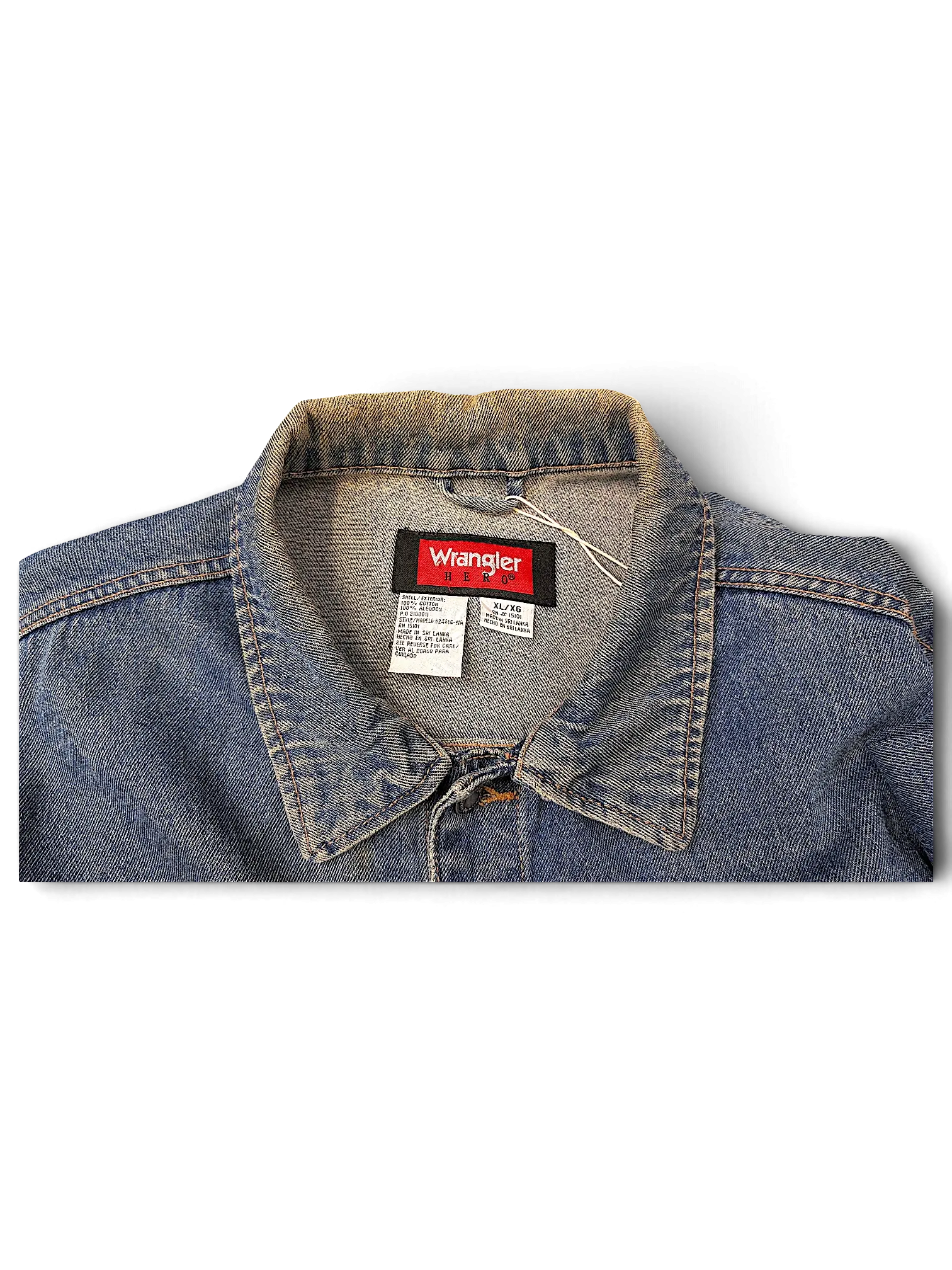 JAKE & IPI Wrangler Hero blue denim jacket featuring a classic collar and interior brand label