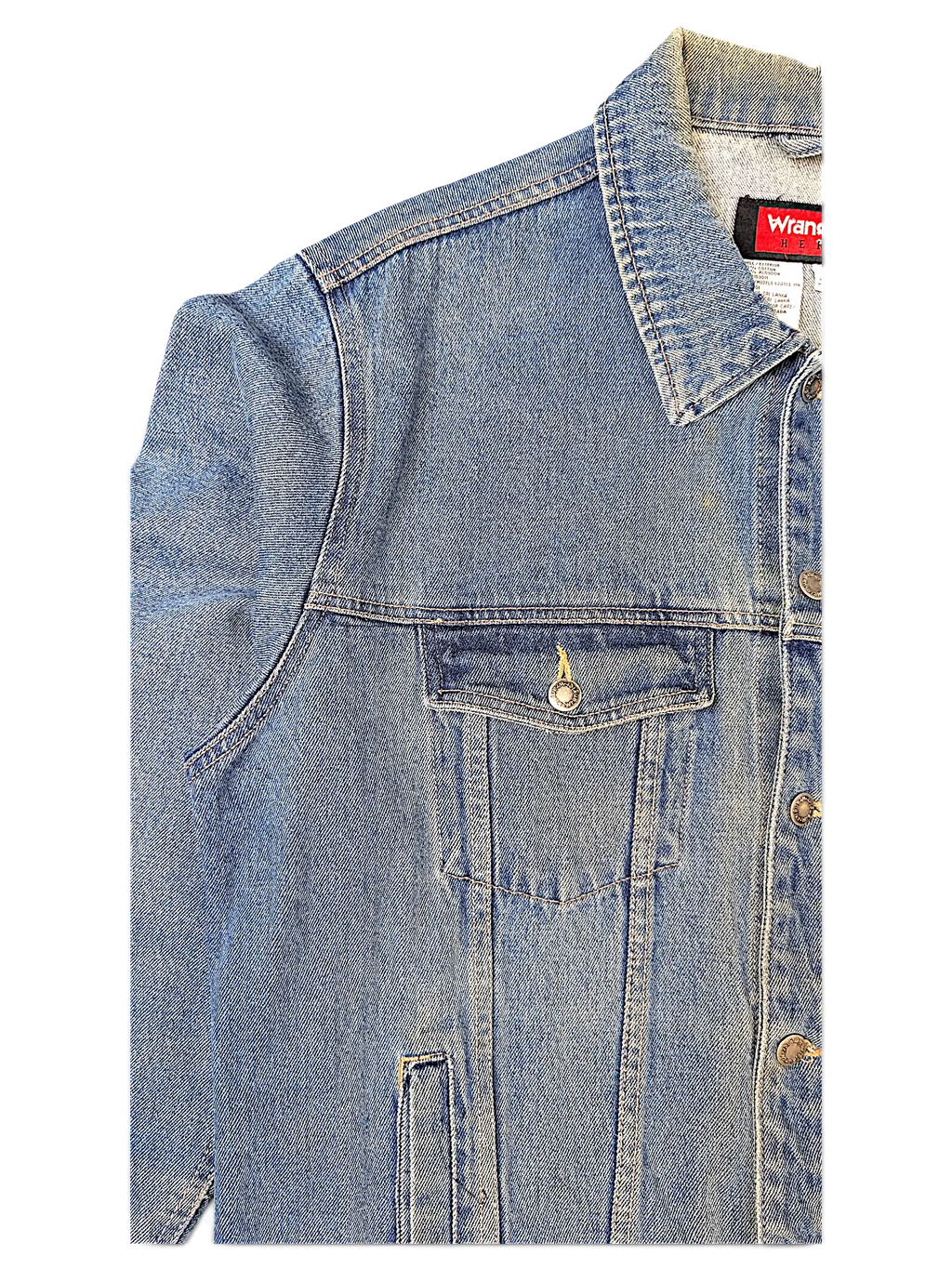 JAKE & IPI Wrangler Hero blue denim jacket with a classic collar, chest pocket, and metal button closure.