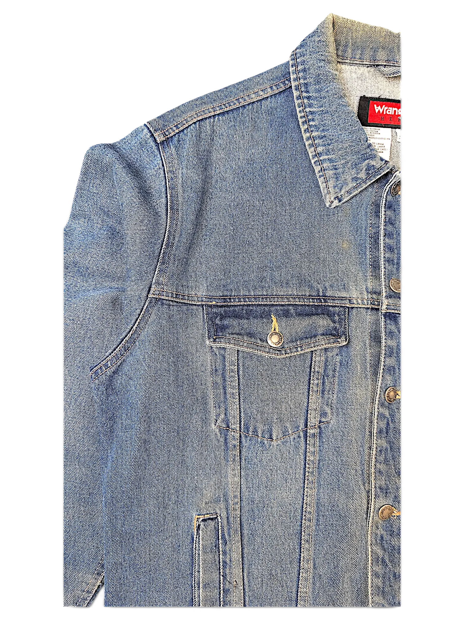 JAKE & IPI Wrangler Hero blue denim jacket with a classic collar, chest pocket, and metal button closure.