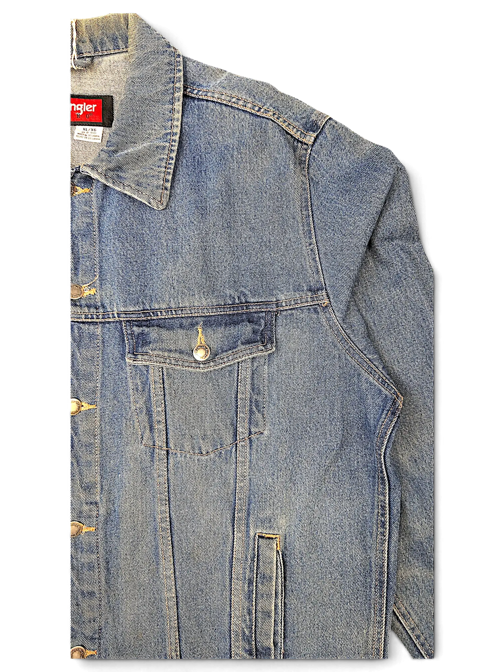 JAKE & IPI Wrangler Hero denim jacket in classic blue wash with button-up chest pocket and metal hardware