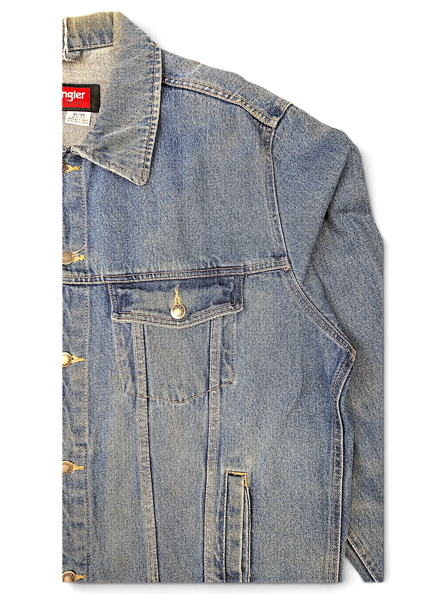 JAKE & IPI Wrangler Hero denim jacket in classic blue wash with button-up chest pocket and metal hardware
