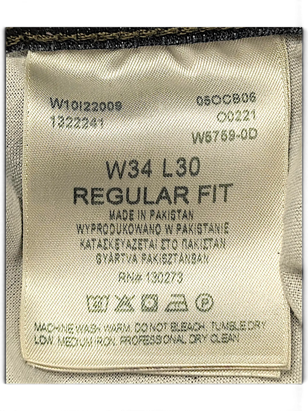 JAKE & IPI Wrangler regular fit jeans size 34x30 interior care label with washing instructions