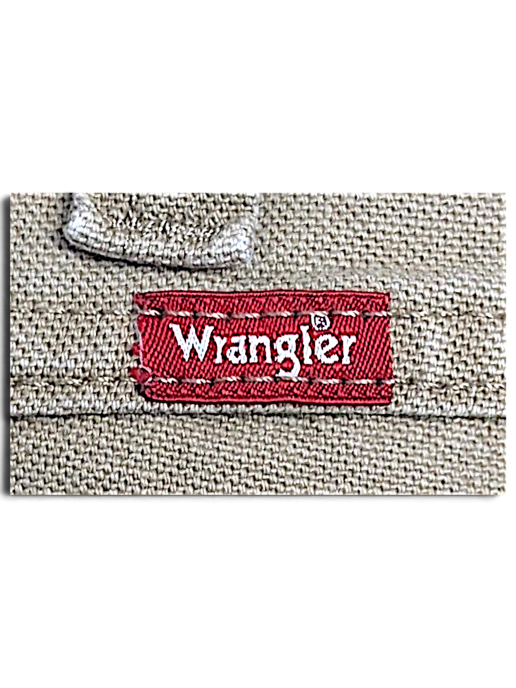 JAKE & IPI Wrangler khaki beige cotton carpenter pants featuring a red brand logo patch on textured fabric