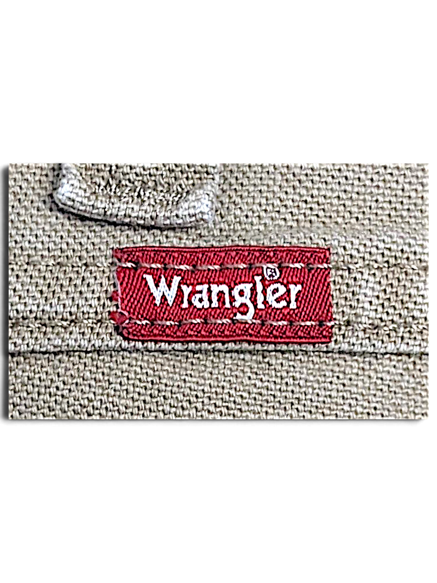 JAKE & IPI Wrangler khaki beige cotton carpenter pants featuring a red brand logo patch on textured fabric