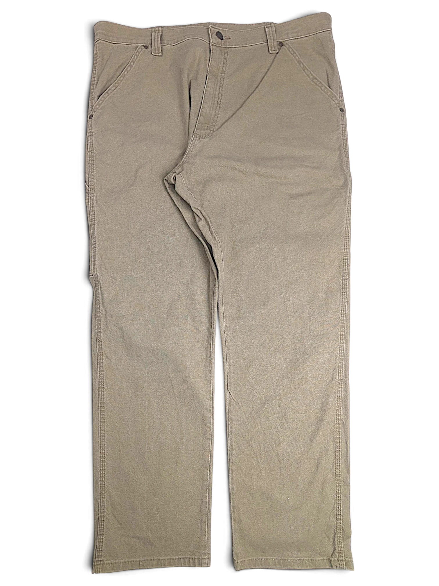 JAKE & IPI Wrangler khaki beige carpenter pants with utility pockets and straight leg fit in stretch cotton.
