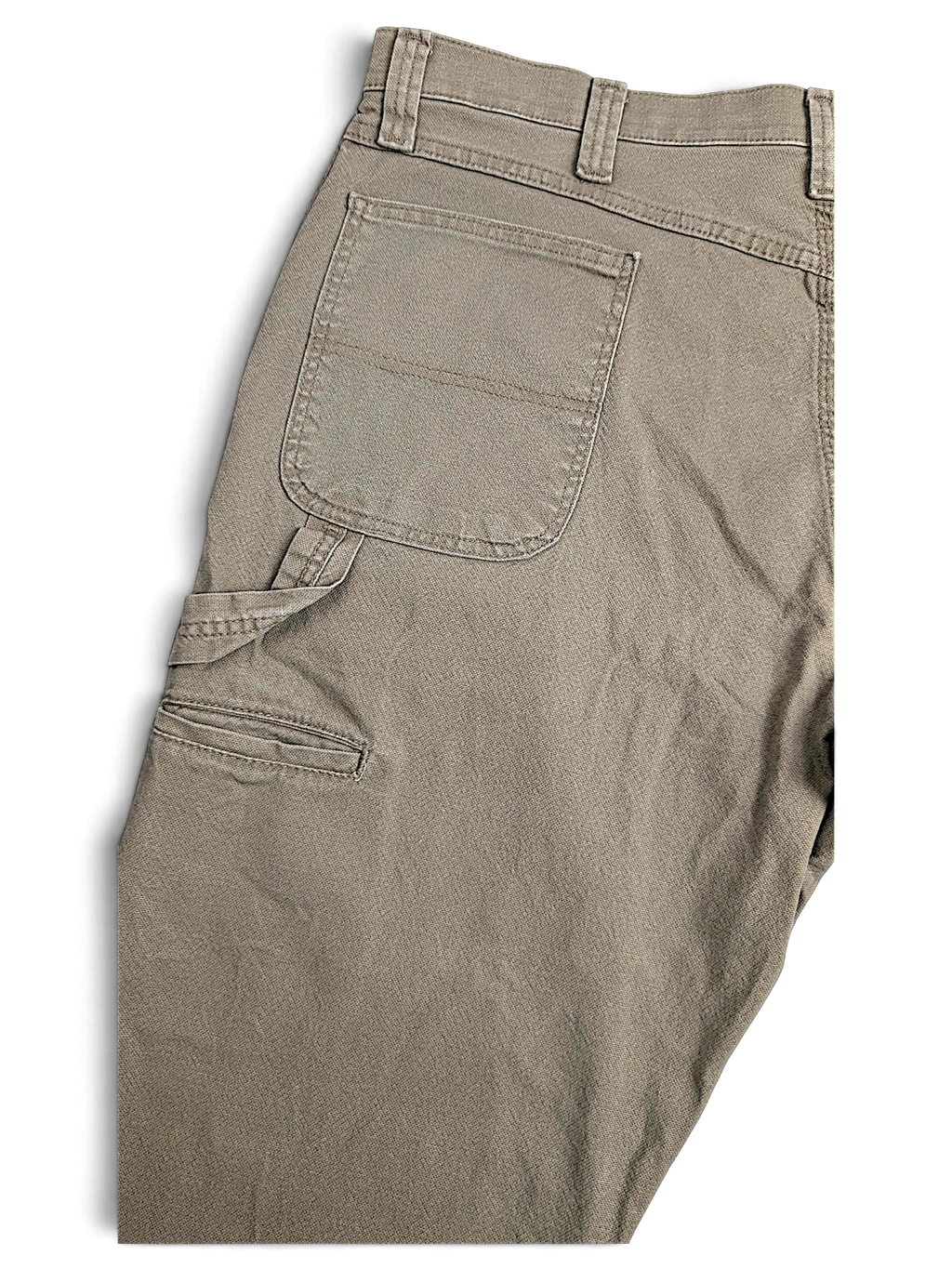 JAKE & IPI Wrangler khaki beige carpenter pants with utility pocket and durable stretch cotton workwear construction.
