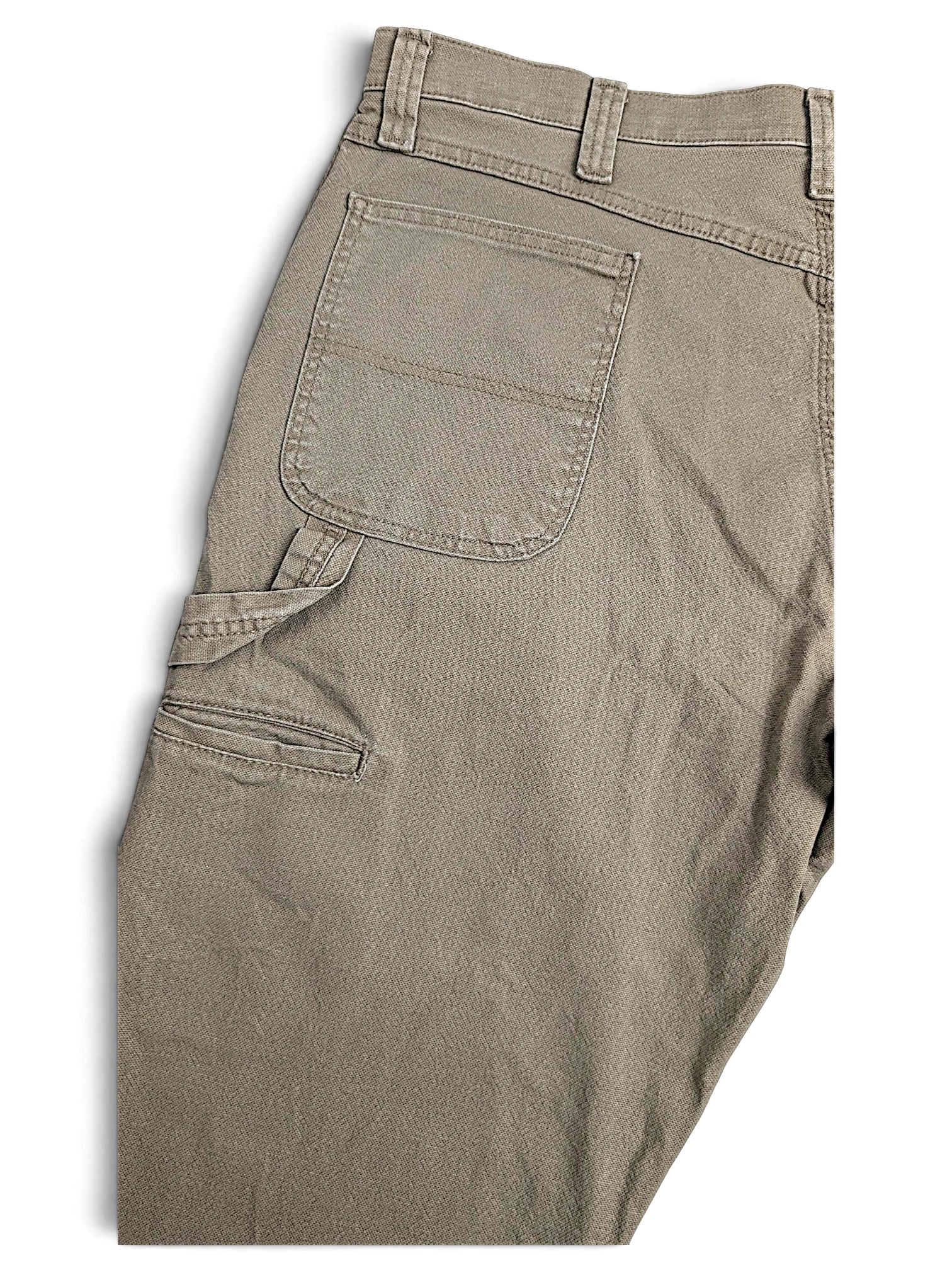JAKE & IPI Wrangler khaki beige carpenter pants with utility pocket and durable stretch cotton workwear construction.