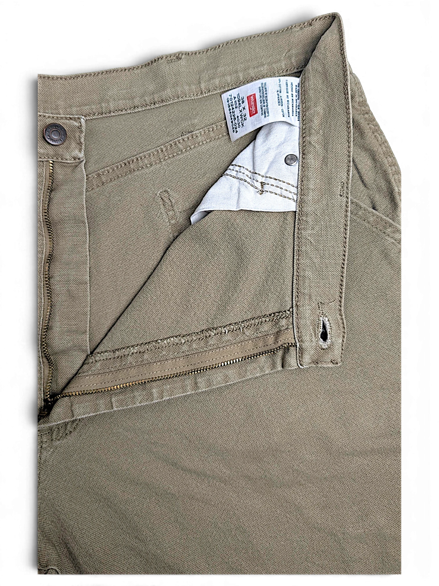 JAKE & IPI Wrangler khaki beige carpenter pants featuring a zip fly and internal care label detail