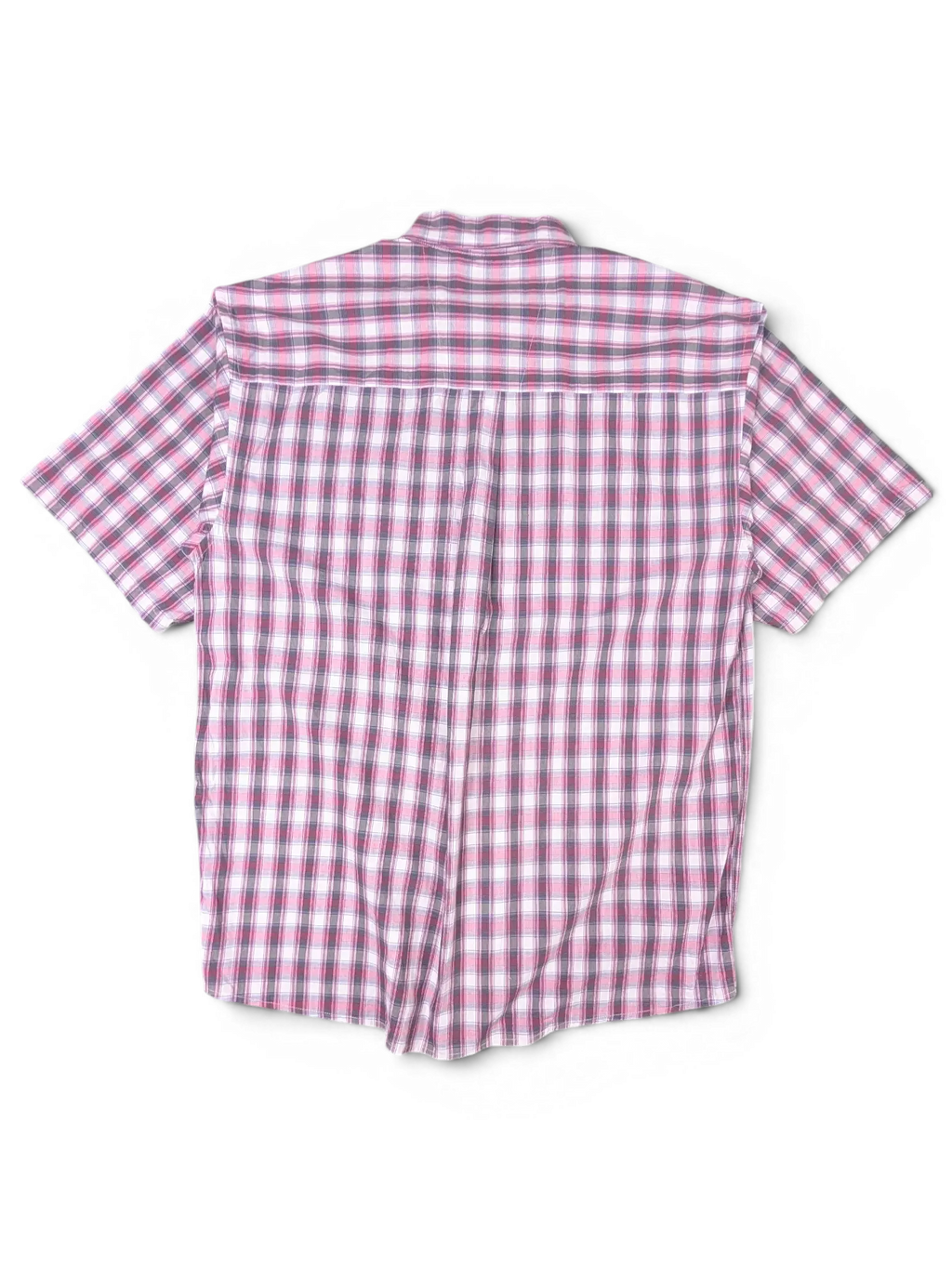 JAKE & IPI vintage Wrangler short sleeve shirt in pink, navy, and white plaid pattern, back view.