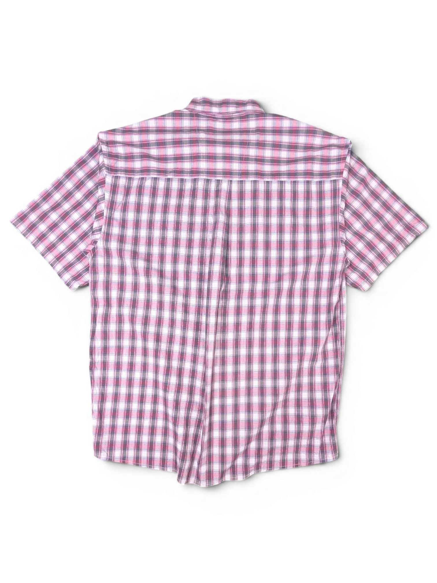 JAKE & IPI vintage Wrangler short sleeve shirt in pink, navy, and white plaid pattern, back view.