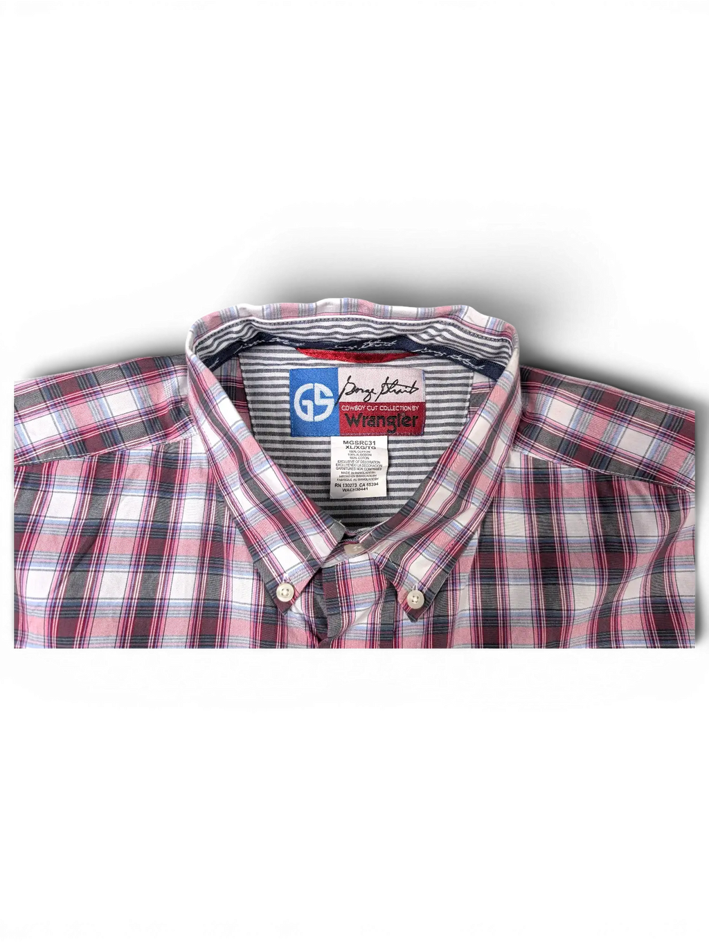 JAKE & IPI vintage Wrangler plaid short sleeve button-down shirt in pink, navy, and white with chest pocket detail.