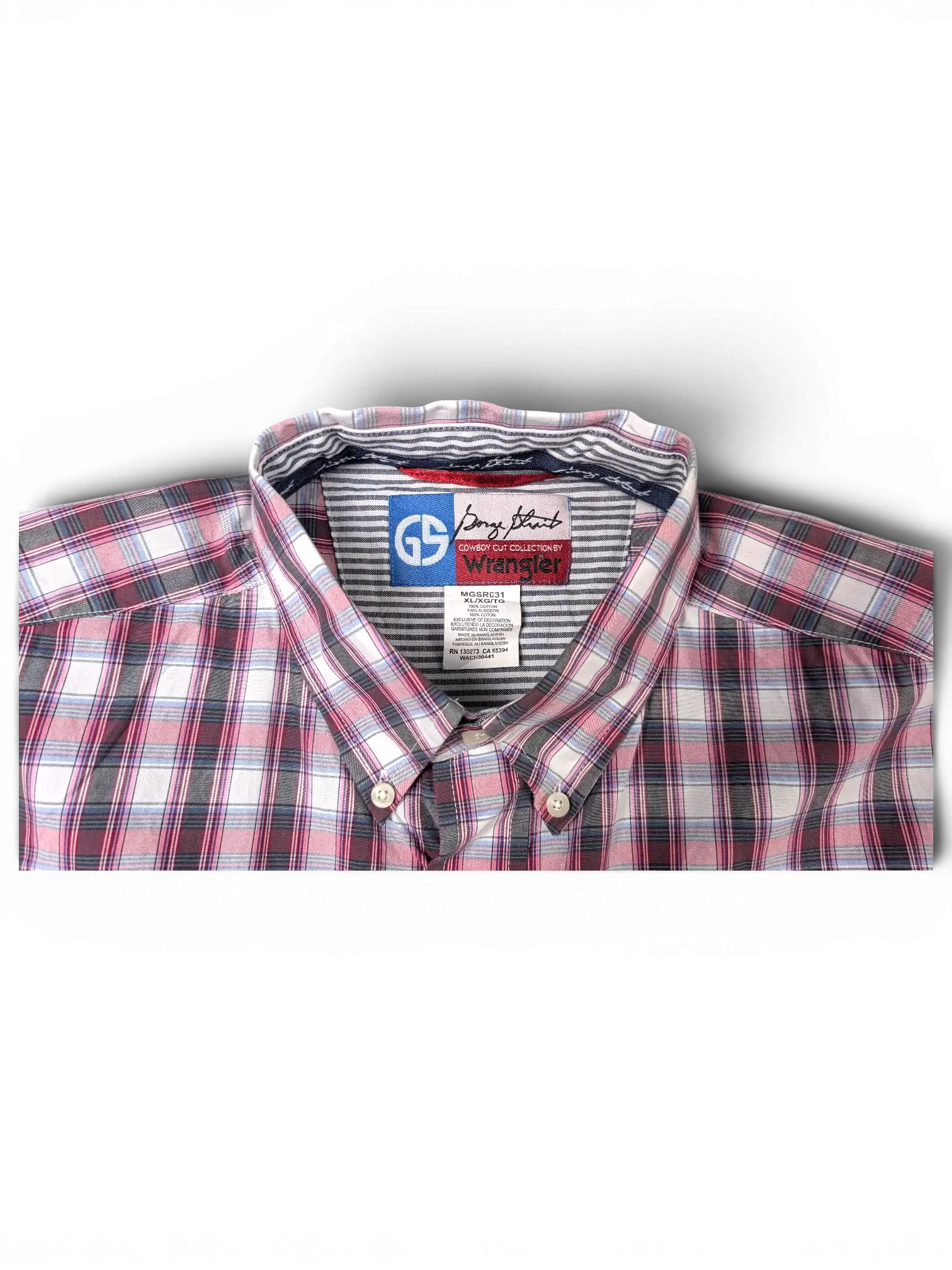 JAKE & IPI vintage Wrangler plaid short sleeve button-down shirt in pink, navy, and white with chest pocket detail.