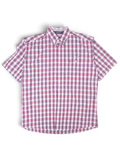 JAKE & IPI Wrangler short sleeve button-down shirt in pink, navy, and white plaid with a chest pocket.