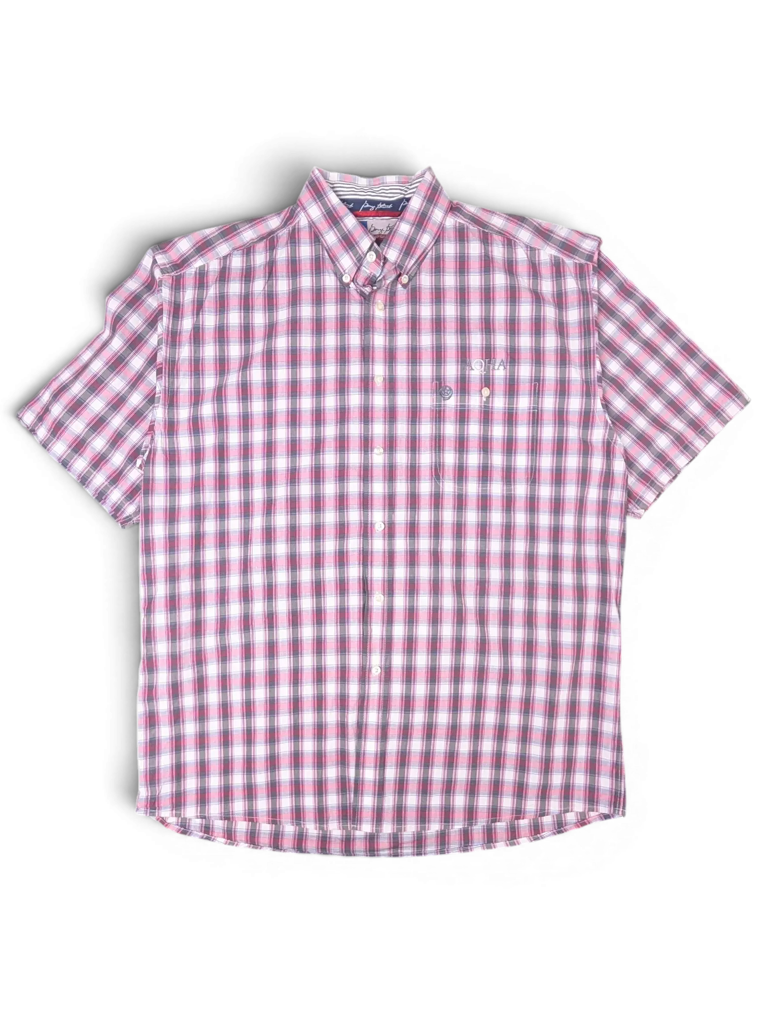 JAKE & IPI Wrangler short sleeve button-down shirt in pink, navy, and white plaid with a chest pocket.