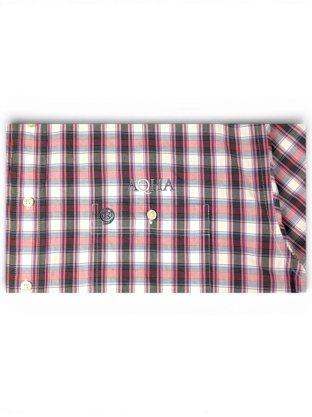JAKE & IPI vintage Wrangler plaid short sleeve button-down shirt in pink, navy, and white with AQHA embroidery.
