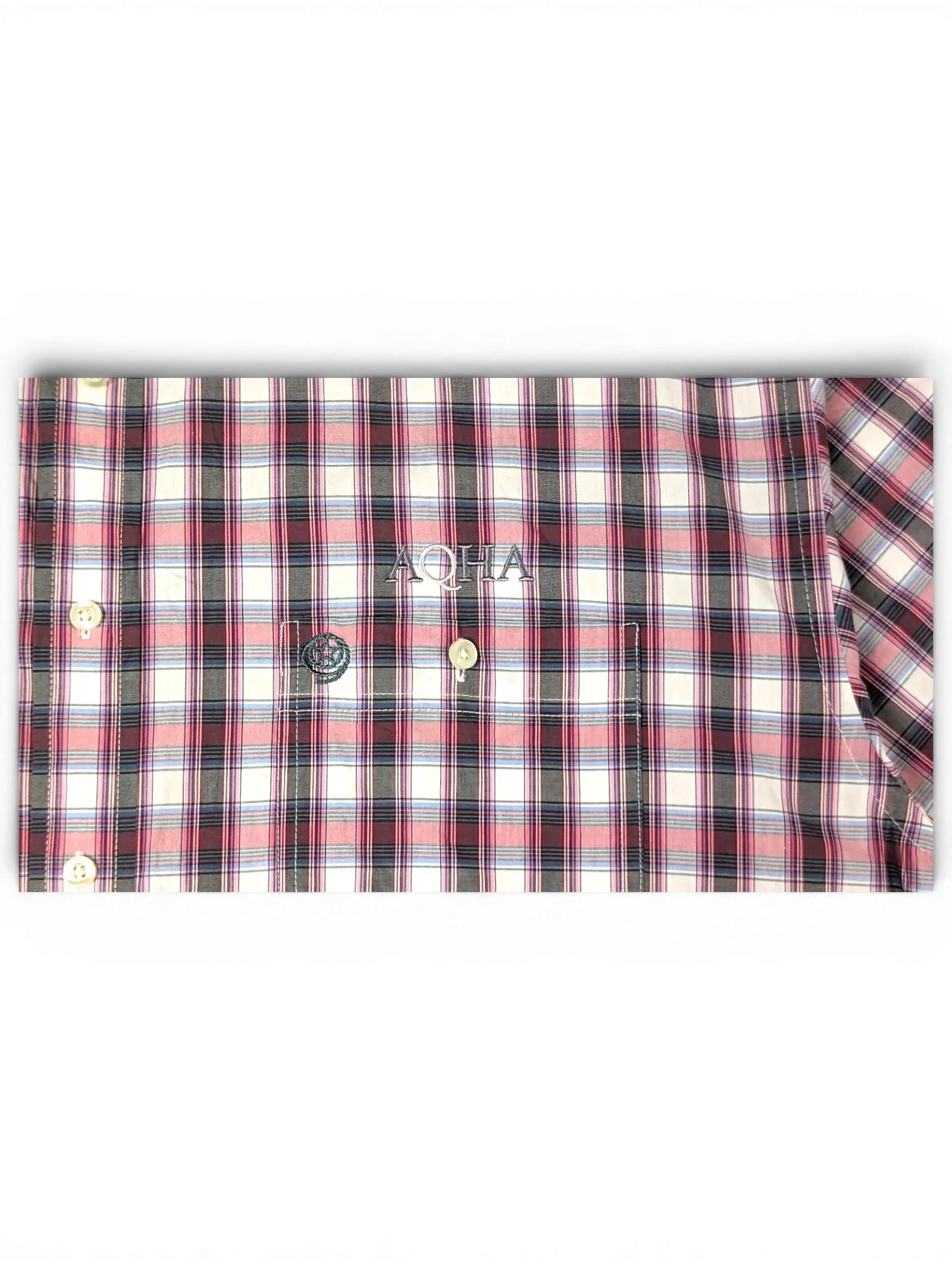 JAKE & IPI vintage Wrangler plaid short sleeve button-down shirt in pink, navy, and white with AQHA embroidery.