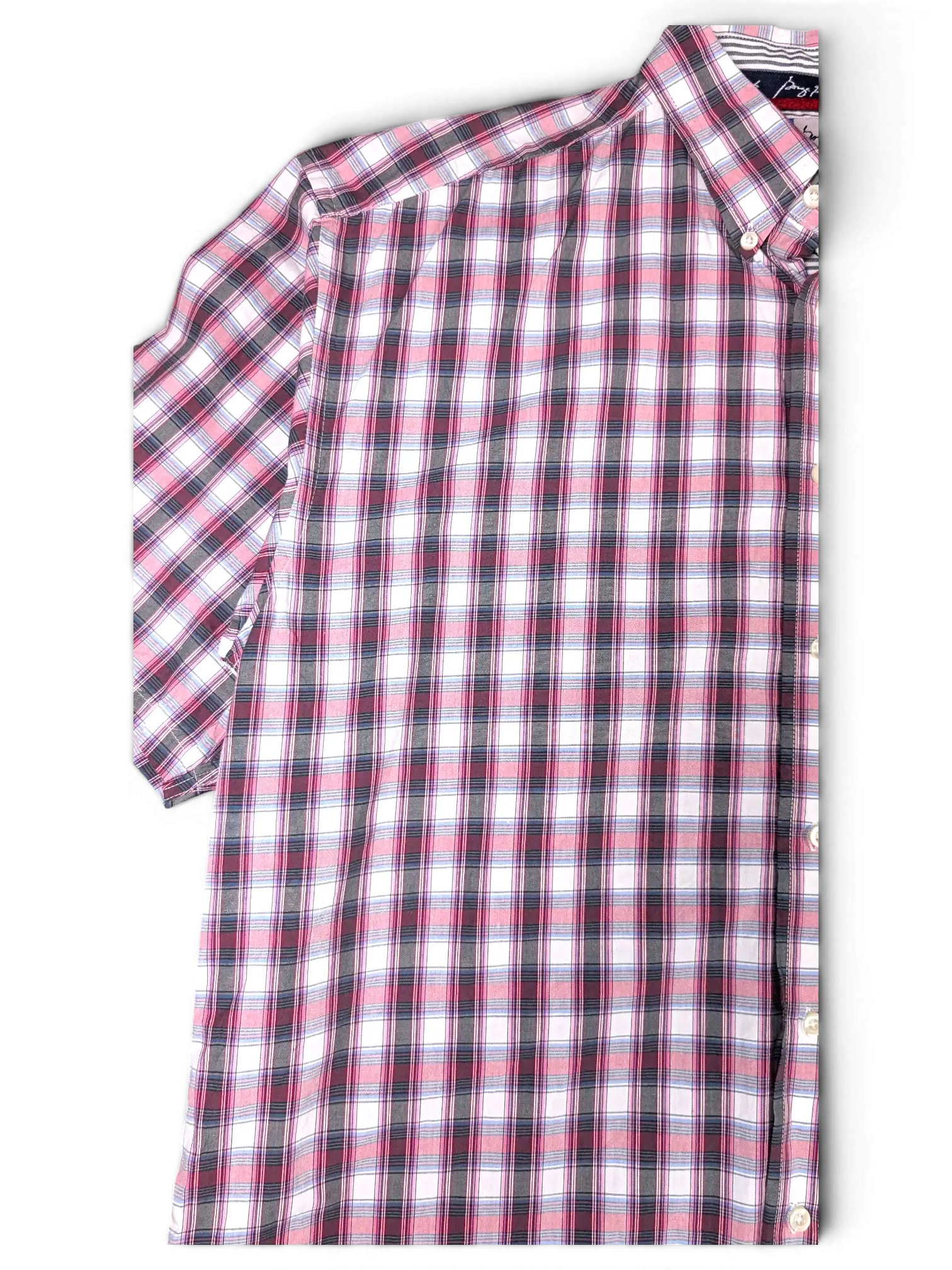 JAKE & IPI vintage Wrangler short sleeve button-down shirt in pink, navy, and white plaid pattern.