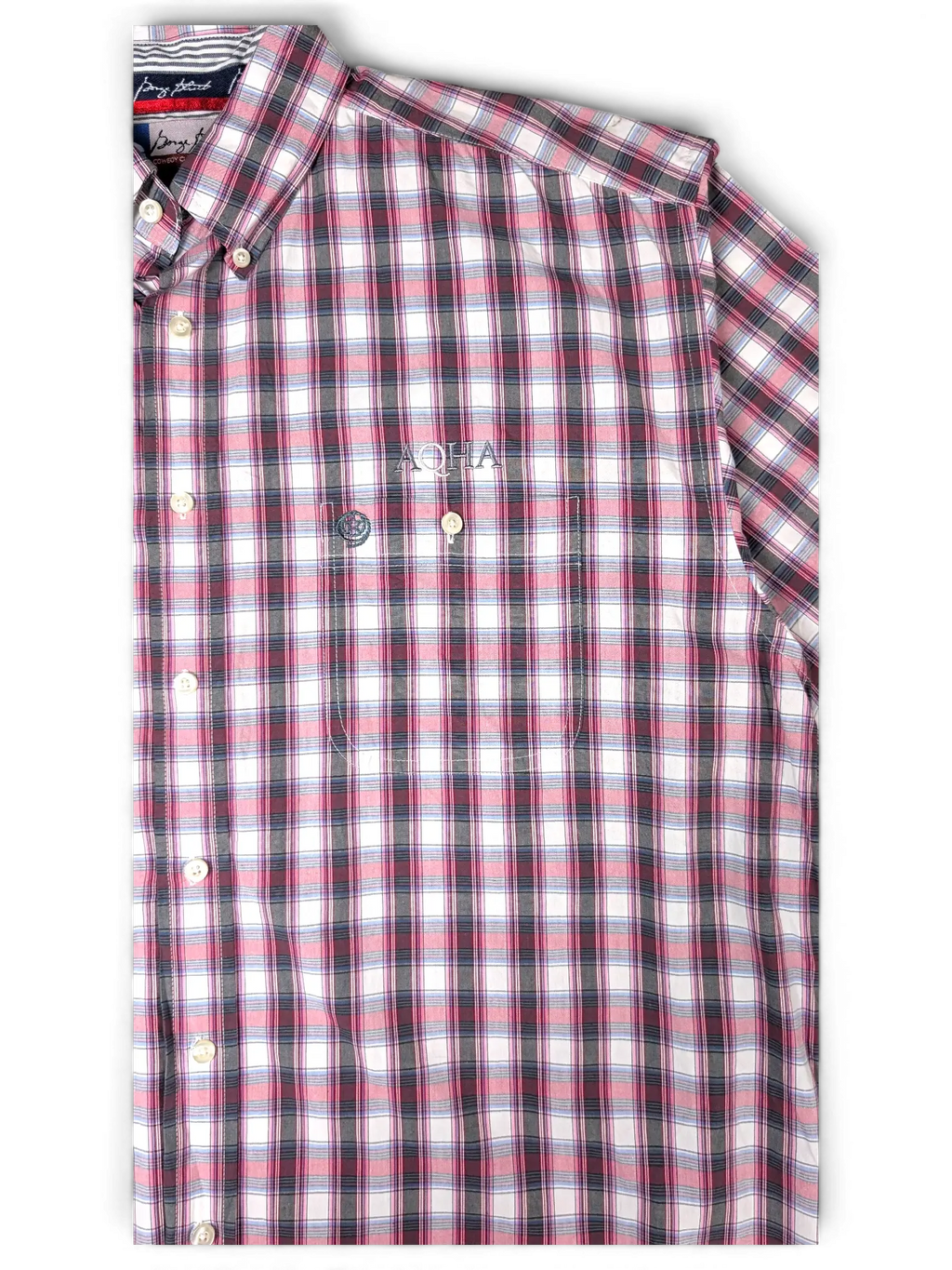 JAKE & IPI vintage Wrangler plaid short sleeve button-down shirt in pink, navy, and white with a chest pocket.