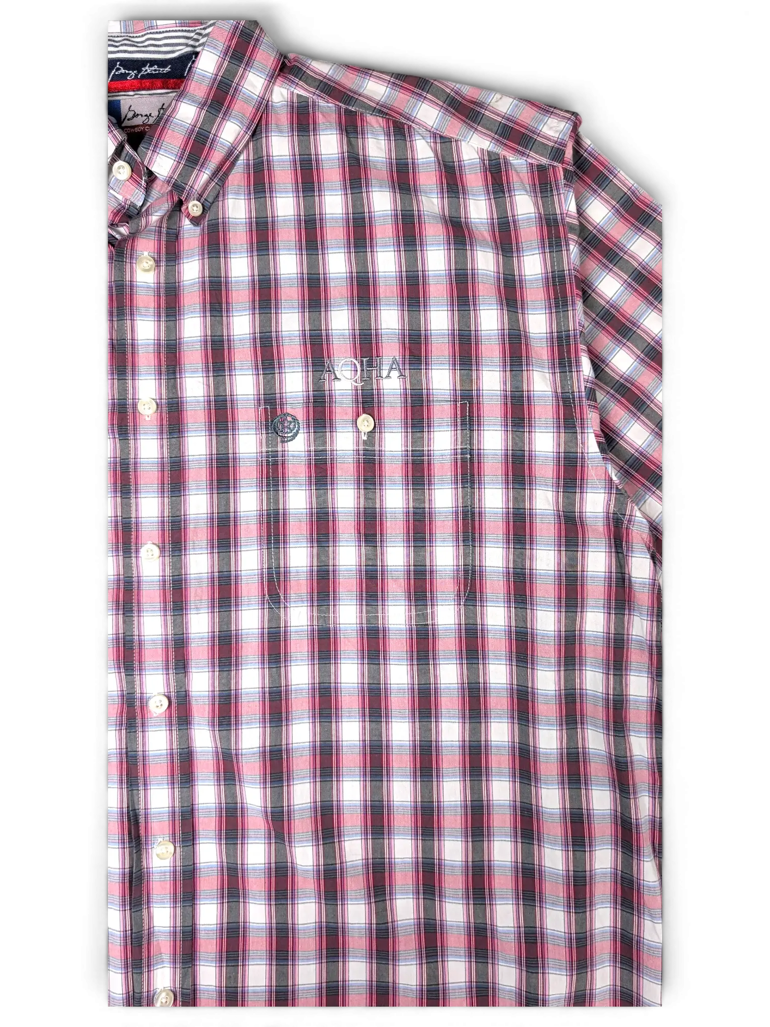 JAKE & IPI vintage Wrangler plaid short sleeve button-down shirt in pink, navy, and white with a chest pocket.