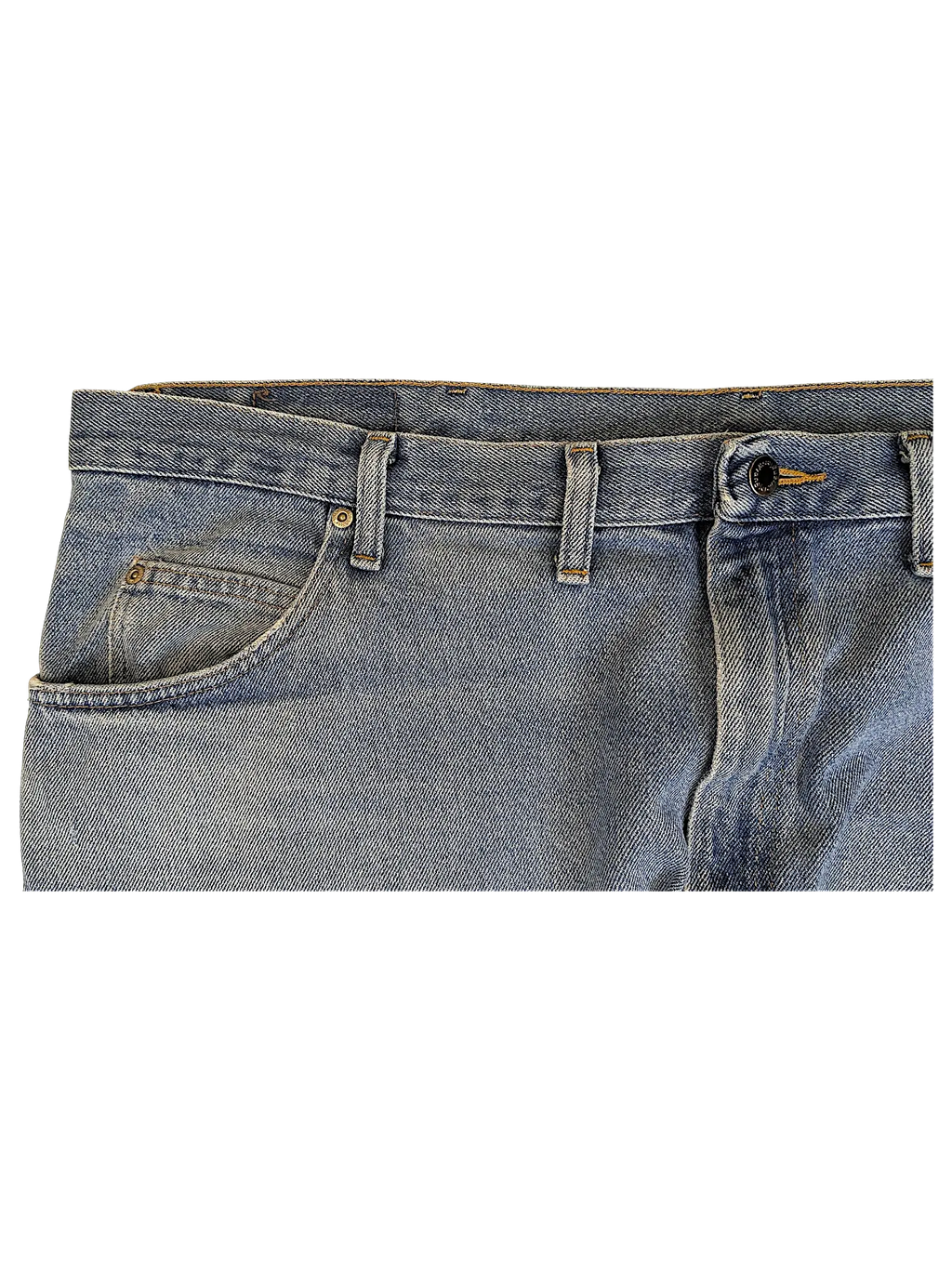 JAKE & IPI Wrangler relaxed fit blue denim jeans featuring a classic five-pocket design and metal rivets.
