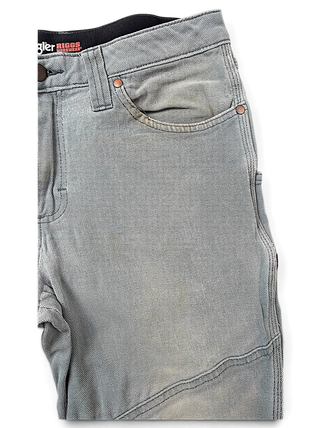 JAKE & IPI Wrangler Riggs Workwear pants in grey canvas with reinforced stitching and copper rivets