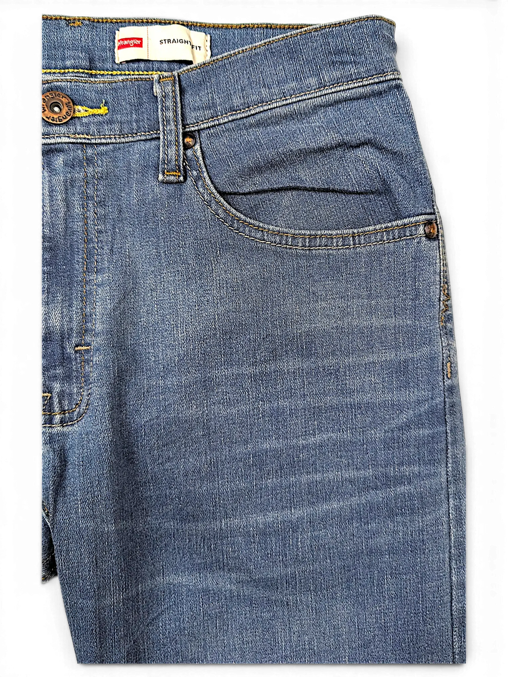 JAKE & IPI Wrangler straight fit blue denim jeans with classic five-pocket styling and copper-tone button detail.