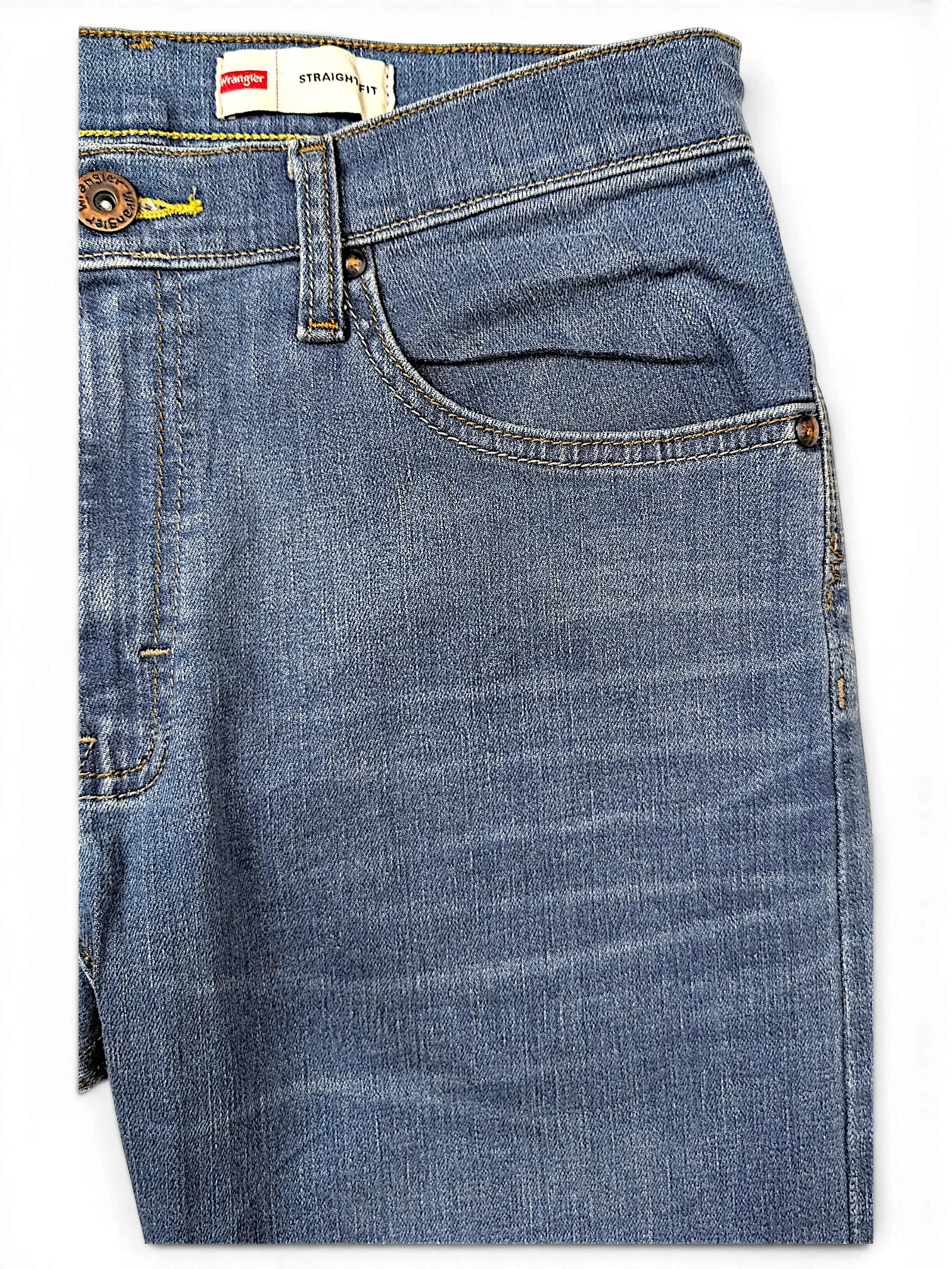 JAKE & IPI Wrangler straight fit blue denim jeans with classic five-pocket styling and copper-tone button detail.