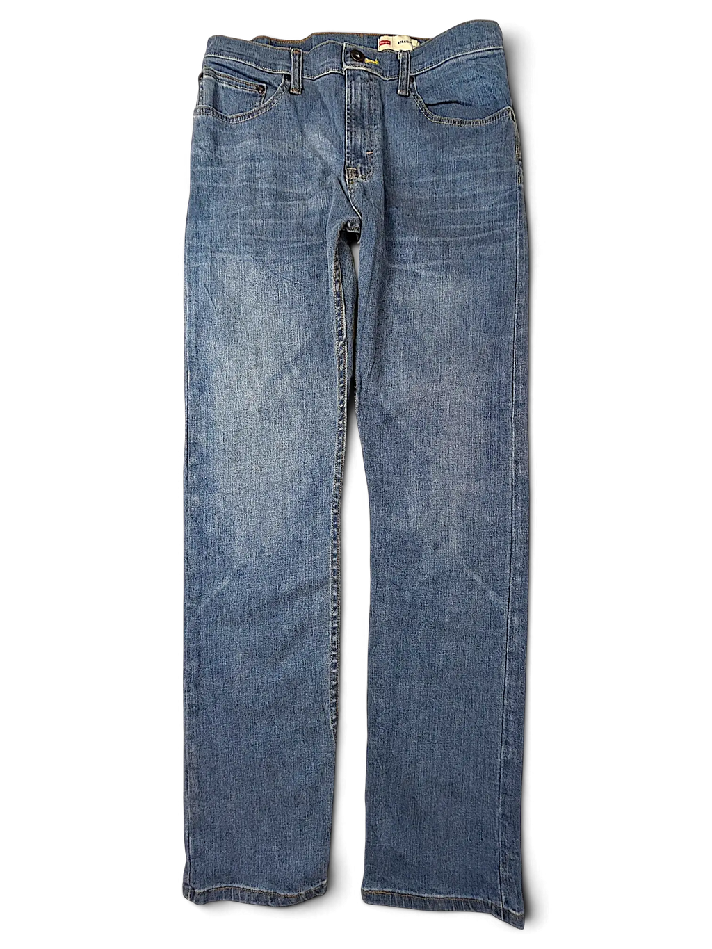 JAKE & IPI Wrangler straight fit blue denim jeans with a classic five-pocket design and faded wash finish.