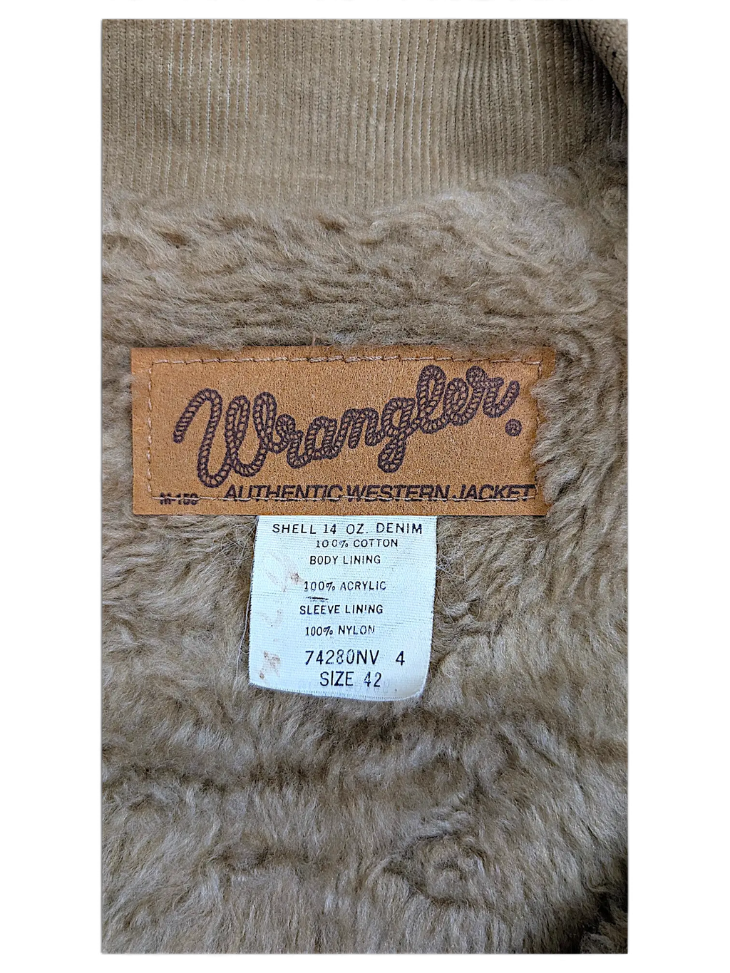 JAKE & IPI vintage Wrangler 80s 90s sherpa jacket interior label showing 100 percent cotton denim and acrylic lining