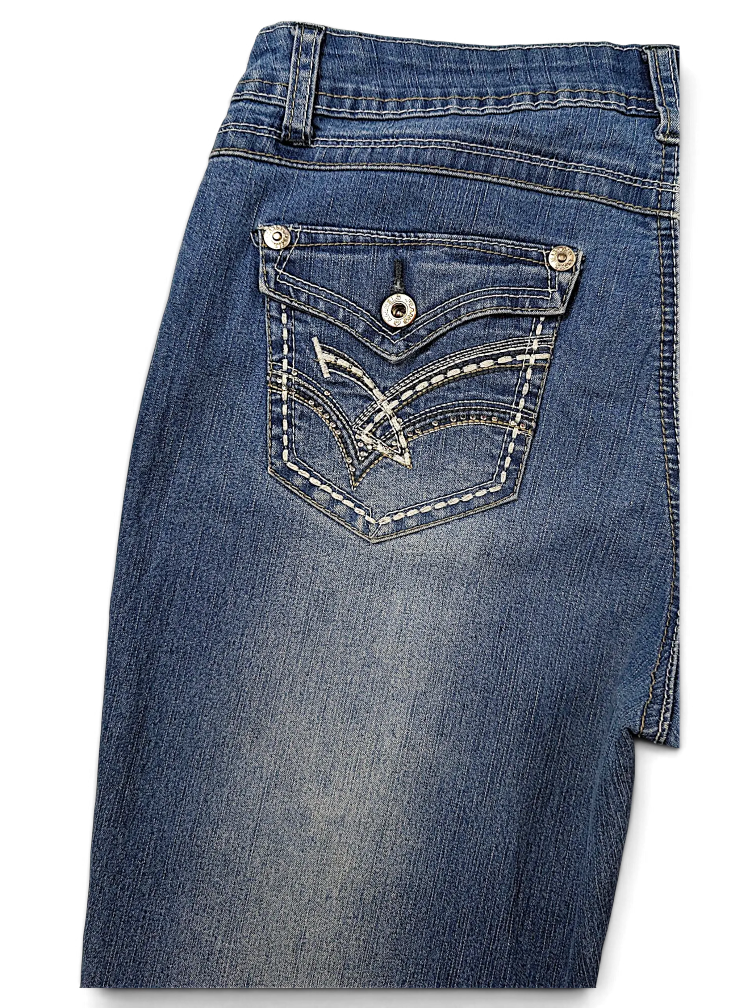 JAKE & IPI blue denim jeans featuring Y2K style back pocket with decorative white stitching and silver hardware.