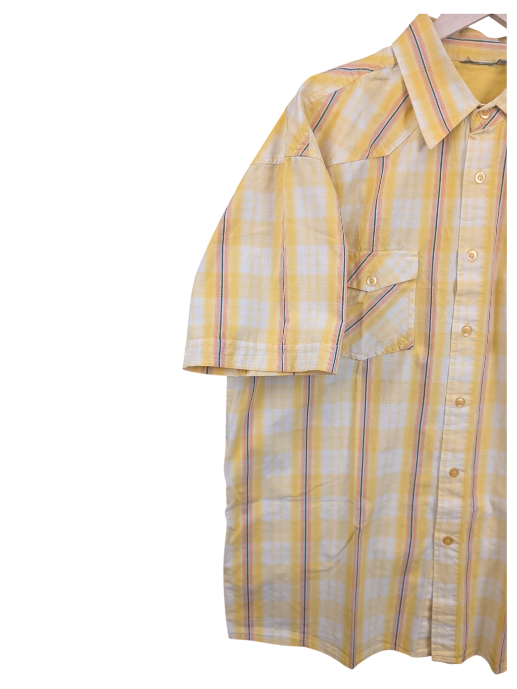 JAKE & IPI yellow and white plaid short-sleeve Hawaiian shirt with a button-down front and chest pocket