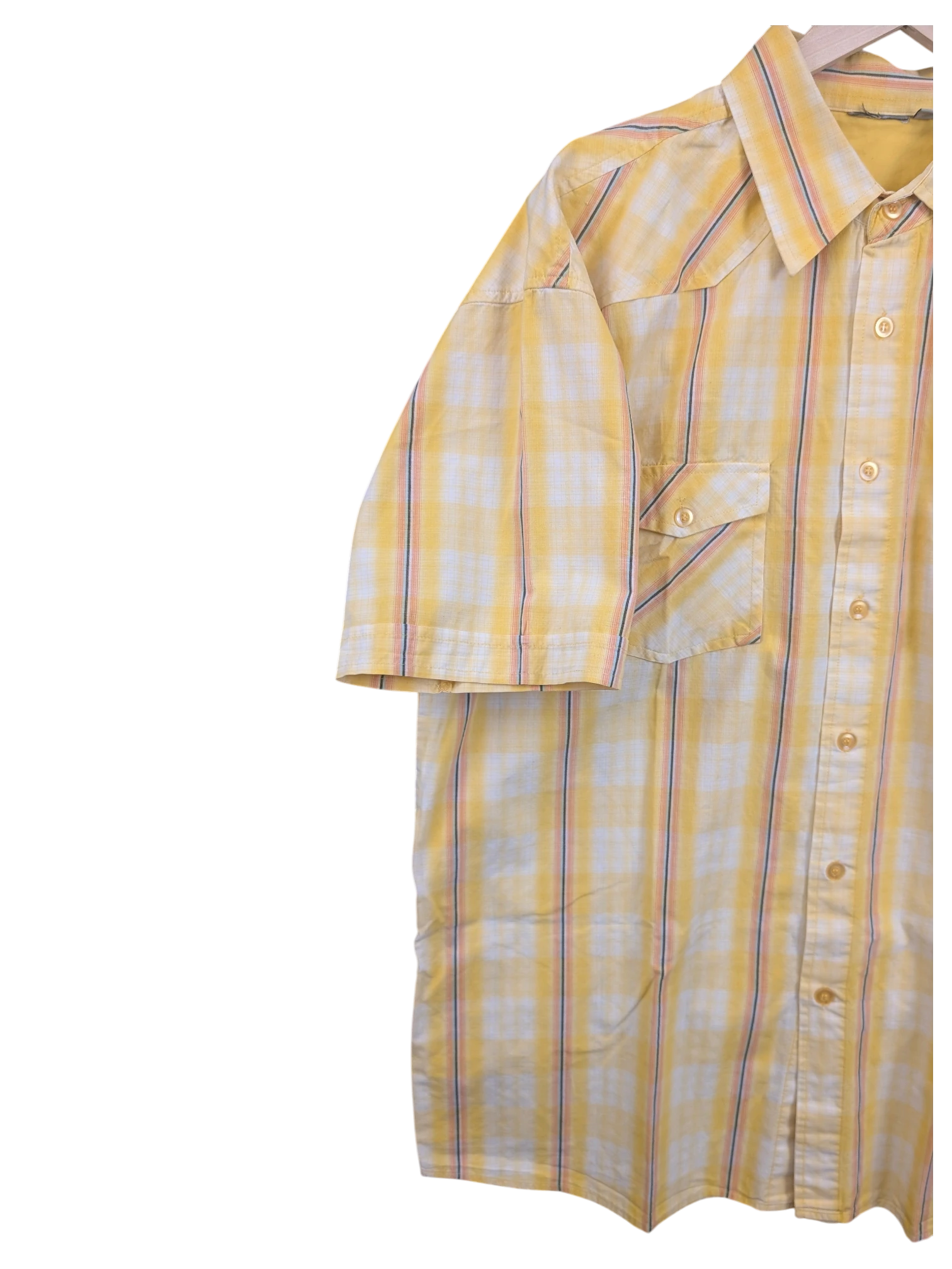JAKE & IPI yellow and white plaid short-sleeve Hawaiian shirt with a button-down front and chest pocket