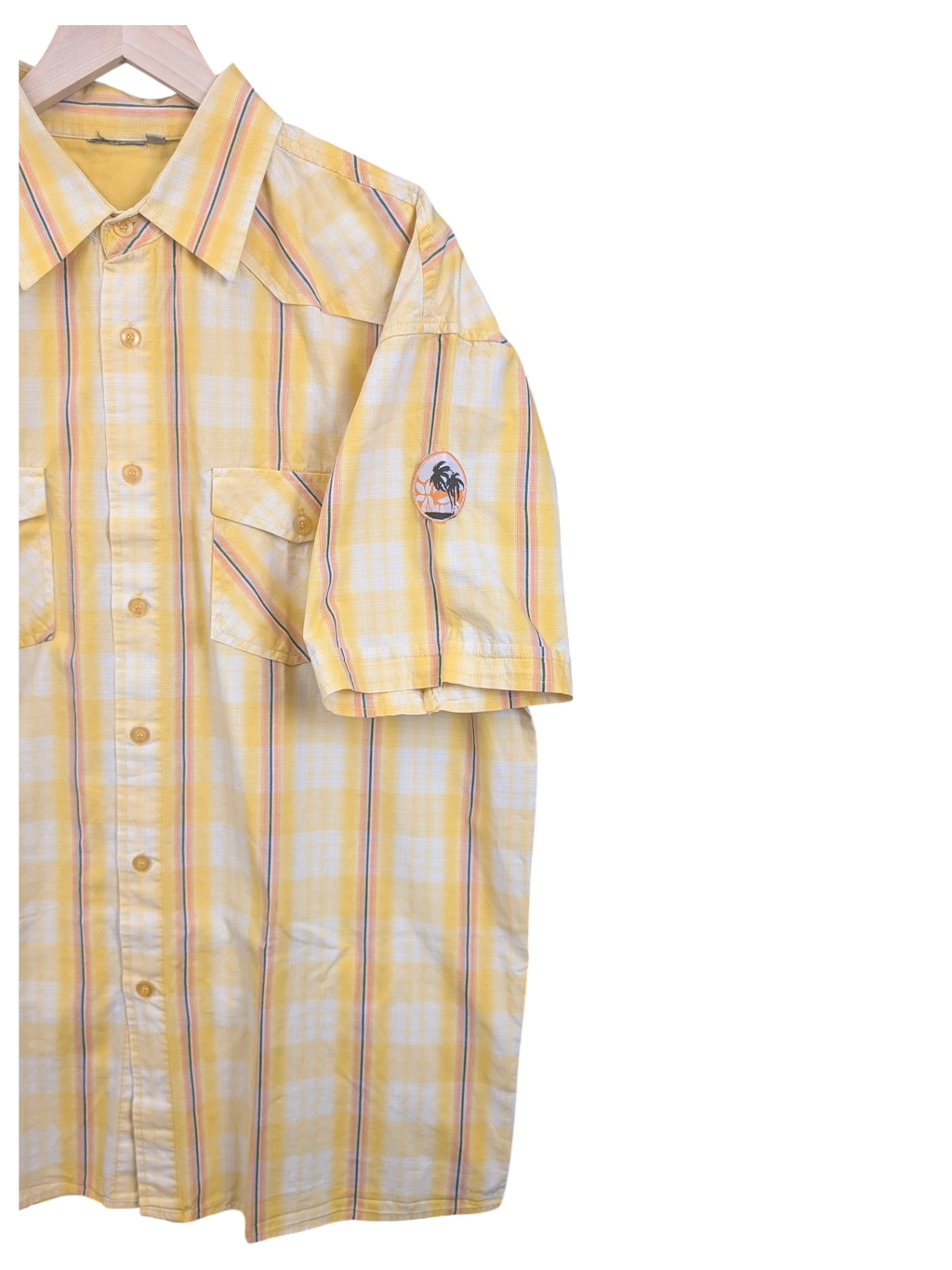 JAKE & IPI yellow plaid Hawaiian shirt with short sleeves, button-down front, and a palm tree sleeve patch.