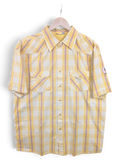 JAKE & IPI yellow plaid short-sleeve button-down shirt with two chest pockets and a small sleeve patch