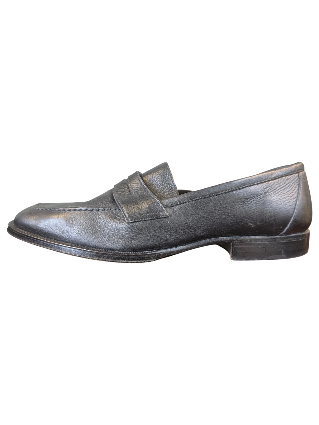 JAKE & IPI Zenith black leather penny loafers with a classic slip-on design and leather sole, side view.