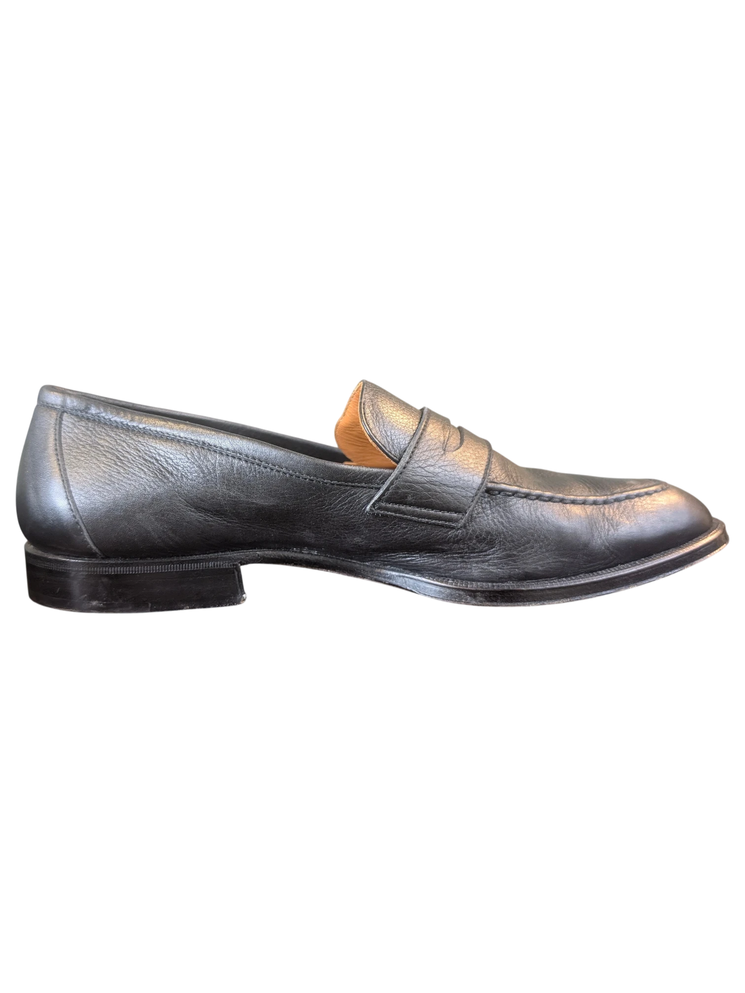 JAKE & IPI Zenith black leather penny loafers with a classic slip-on design and low heel, side profile view.