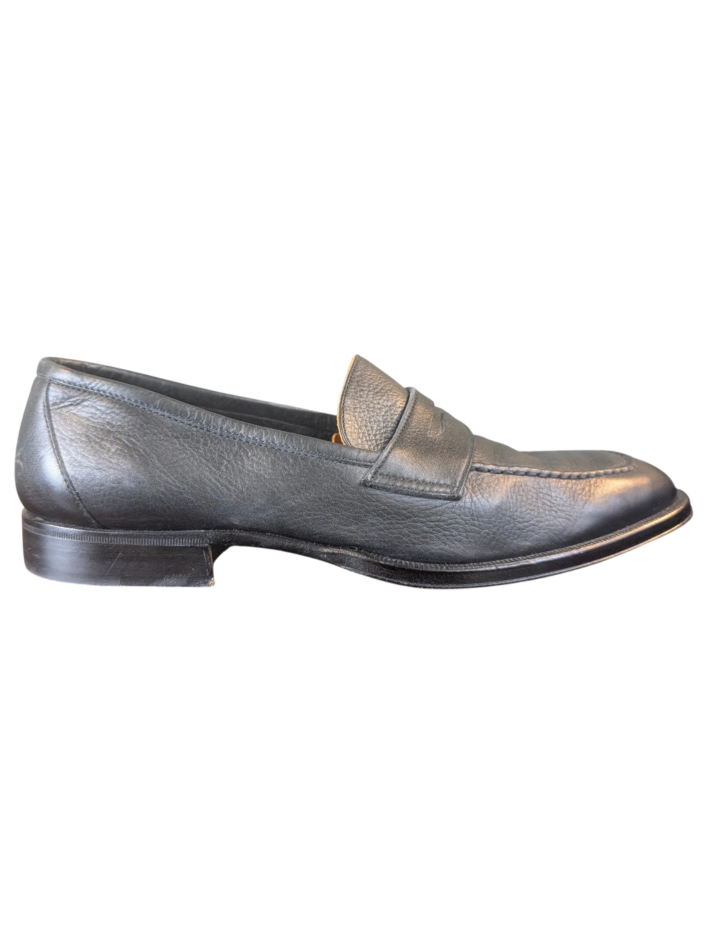 JAKE & IPI Zenith black leather penny loafers with a classic slip-on design and leather sole, side profile view.